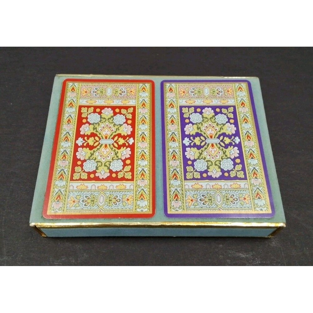 VTG Congress Playing Cards 2 Deck Floral Persian Rug Design Bridge Velveteen Box
